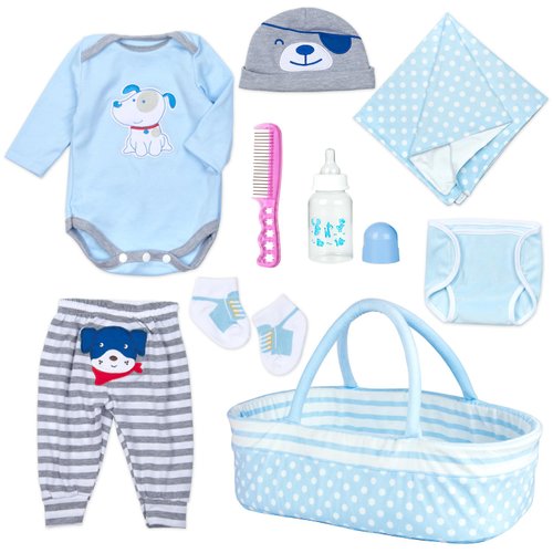 9 Pieces Reborn Baby Doll Clothes Blue Dog Doll Accessories Set for 17-22 Inch Reborn Baby Doll Clothing Gift Sets (Basket+ Blanket)