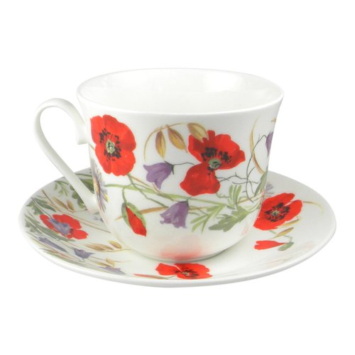 Roy Kirkham English Meadow Poppy Flower Breakfast Teacup and Saucer Set Fine Bone China