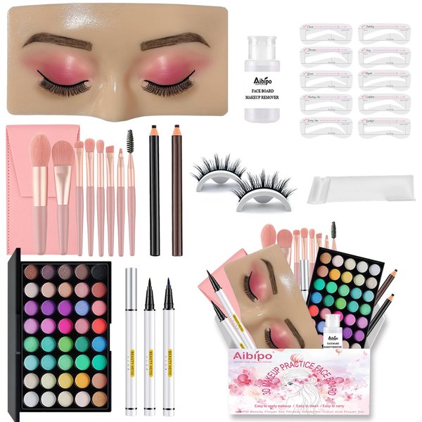 Makeup Practice Face Board, Reusable Silicone Makeup Mannequin Face with Makeup Practice Kit for Makeup Students and Beginners, Come with Makeup Brushes Set Eyeshadow Eyeliner Eyebrow Stencils