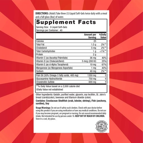 Nature's Secret Inholtra Premium Lubri-Joint Fast-Acting Joint & Connective Tissue Health Supplement with Vitamin C, D & E, Omega Fatty Acids, Glucosamine & Chondroitin - 120 Liquid Softgels