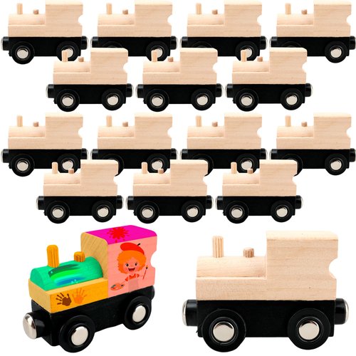 Hoarost 16 Pcs Wooden Train Cars DIY Unfinished Magnetic Train Cars Toys for Train Theme Party De...
