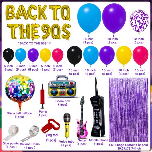 101PCS 90s Party Decorations, 90's Birthdays Party Supplies Bundle Includes Inflatable Disco Ball Radio Boom Box Retro Mobile Phone Guitar and Mobile Phone, Back to 90s Hip Hop Party for Adults
