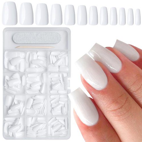 AddFavor 300pcs Coffin Press on Nails Medium Fake Nails Glossy White Nails Ballerina Square Nail Press on Acrylic False Nail for Women Girls