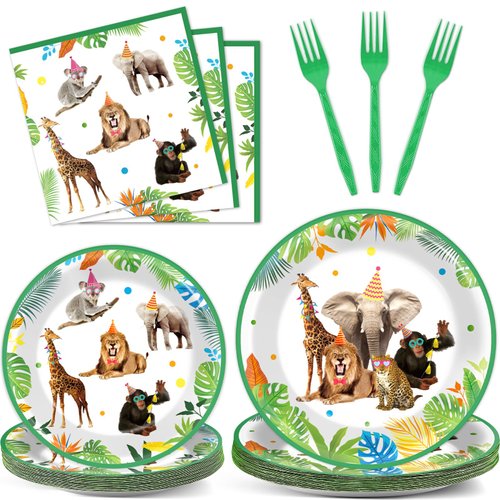 96Pcs Jungle Birthday Party Plates and Napkins Safari Animals Themed Party Decorations Jungle Theme Party Disposable Tableware Set for 24 Guests Wild Animals Gold Safari Zoo Birthday Favors Supplies
