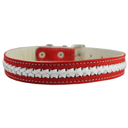 Nubuck Leather Braided Dog Collar, Red 23"x1" Wide. Fits 17"-21" Neck Size, Padded