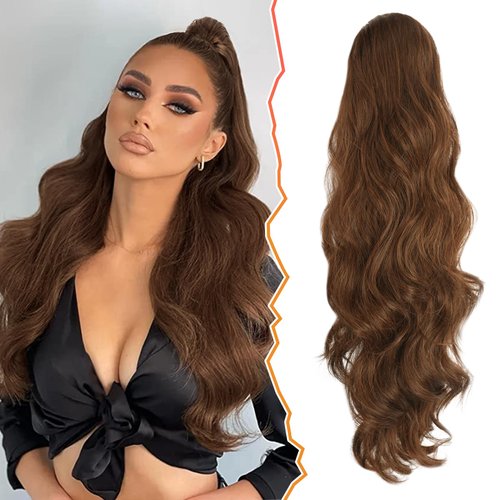 BARSDAR 26 In Drawstring Ponytail Extension, Long Wavy Clip in Ponytail Hair Extensions Brown Hair Synthetic Fake Pony Tail Hairpieces for Women Daily Party Halloween (Brown & Auburn)