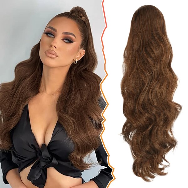 BARSDAR 26 In Drawstring Ponytail Extension, Long Wavy Clip in Ponytail Hair Extensions Brown Hair Synthetic Fake Pony Tail Hairpieces for Women Daily Party Halloween (Brown & Auburn)