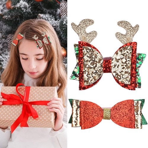 Christmas Bow Hair Clips Red Glitter Bow Clips Cute Antlers Bow Alligator Clips Xmas Hair Bow Clips Yellow Green Glitter Barrettes Hairpin Design Woman Girls Hair Accessories for Christmas Party 2pcs