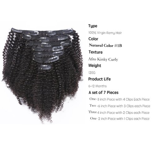 Afro Kinky Curly Clip in Human Remy Hair Extensions Brazilian Curly Clips Hair Extensions 4B 4C 8A Virgin Thick Natural Black Color Clip on For Black Women 10-22 inch (12 inch, AC #1B)