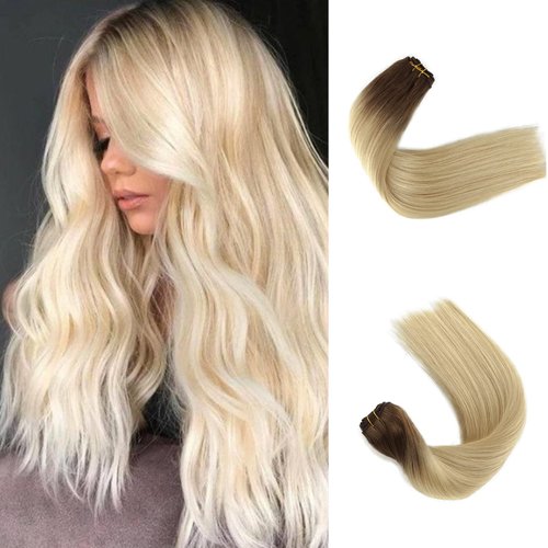 Sew in Hair Extensions Human Hair Weft Bundles 22inch 120g Omber Ash Brown with Platinum Blonde Natural Seamless Double Weft Full Head Silky Straight for Women