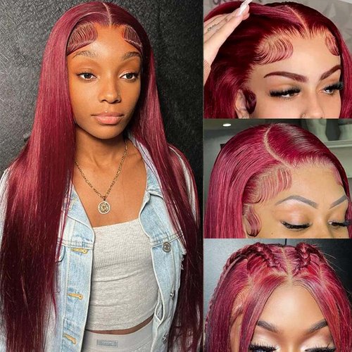 SUPER STYLE 13x4 Red Lace Front Wigs Human Hair 20 Inch Straight Burgundy Wig Pre Plucked with Baby Hair for Black Women