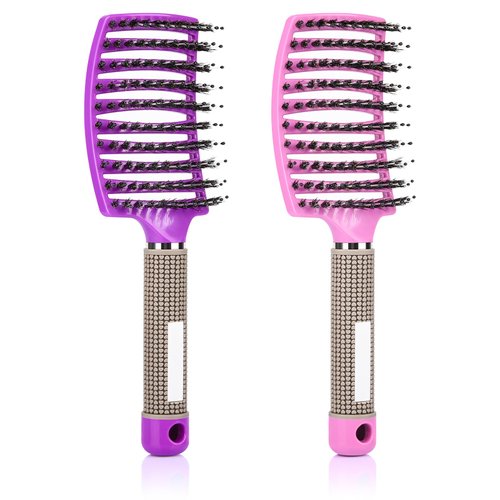 KINGMING Wet Hair Brush Detangling Brush for Wet &amp; Dry, 2 Pack (Pink+Purple), Curved Vented Brush...
