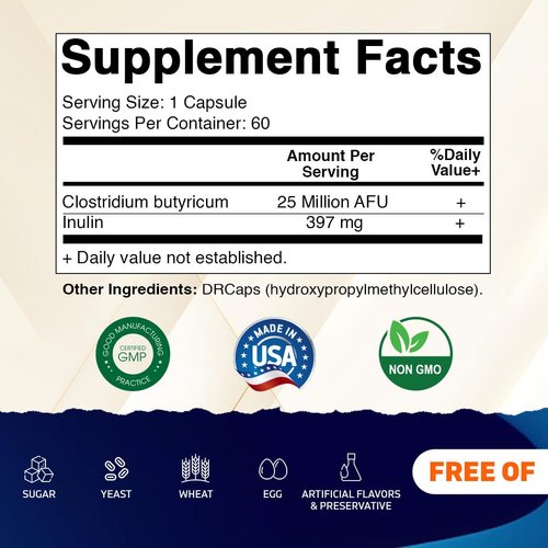 Vitamatic Clostridium butyricum 25 Million - Gut Health - 60 DR Capsules (Delayed Released) - Made with Prebiotic Inulin Fiber
