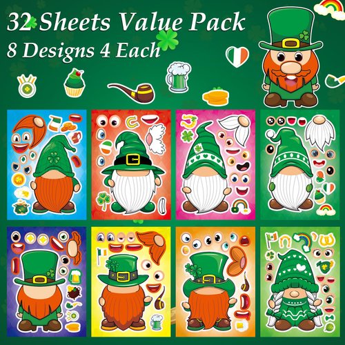Aowplc 32 Sheets St Patricks Day Make A Face Stickers Saint Patricks Gnomes Crafts Stickers for Kids St.Patrick's Day Party Favors Supplies Classroom Gifts