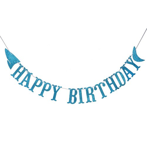 Shark Happy Birthday Banner and Shark Garlands, Ocean Beach Under The Sea Theme Party, Shark Party Supplies (Blue)
