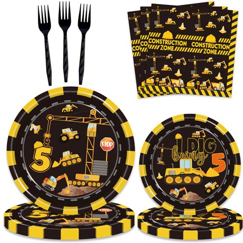 132 Pcs Construction 5th Birthday Party Supplies Dump Truck Theme Five Tableware Includes Hanging Swirl, Banner, Plates, Cups, Tablecloth for Boys Construction Five Years Old Bday Party Decorations
