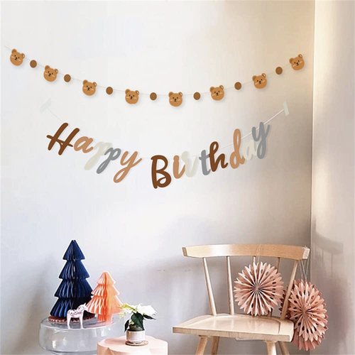 Bear Theme Happy Birthday Banner with Cute Bear Banner, Bday Party Pennant Decor, Wild One Woodland Bear First Birthday Party Supplies