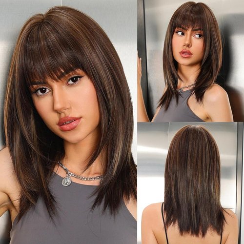 Getshow Dark Brown Wigs for Women layered Straight Wig with Bangs Natural Synthetic Hair
