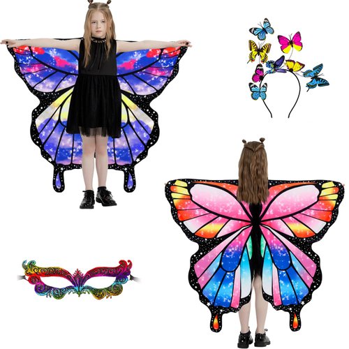 plainshe Halloween Costumes for Girls，Double Sided Butterfly Wings, Kids Fairy Wings Colorful，3PCS Butterfly Costumes Set.