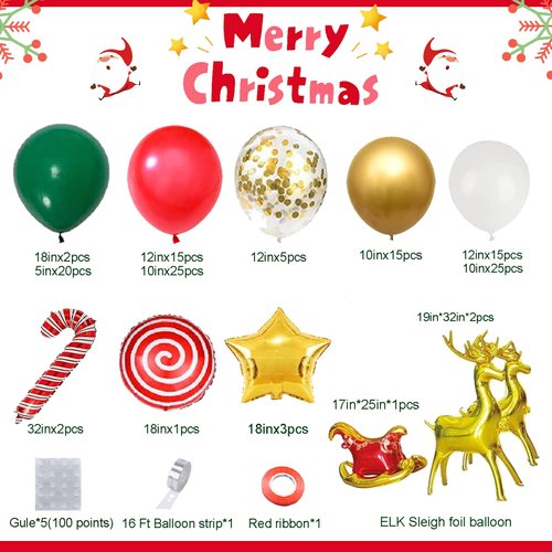 AobkDeco 138PCS Christmas Balloon Garland Arch Kit With Red Green Gold White Balloons Candy Balloons Sequin Balloons Gold Star Balloons Moose Sleigh Balloon for Christmas Party Decorations Supplies