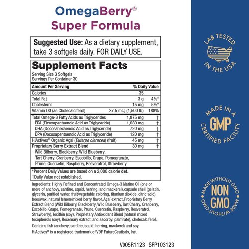 Purity Products OmegaBerry Fish Oil w/Vitamin D3 + Organic Acai Super Formula - 1875 mg of Concentrated, Molecularly Distilled, Ultra Pure Omega-3s 1080 mg EPA + 720mg DHA + 120 mg DPA - 90 Count