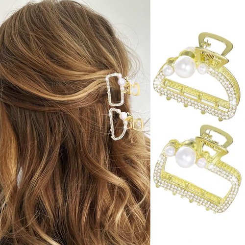 CAKURE Gold Hair Clips Pearl Small Hair Claw Clips Rhinestone Hair Clip Claws Nonslip Hair Accessories for Women and Girls (Pack of 2)