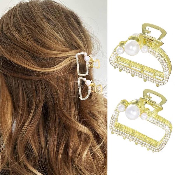 CAKURE Gold Hair Clips Pearl Small Hair Claw Clips Rhinestone Hair Clip Claws Nonslip Hair Accessories for Women and Girls (Pack of 2)