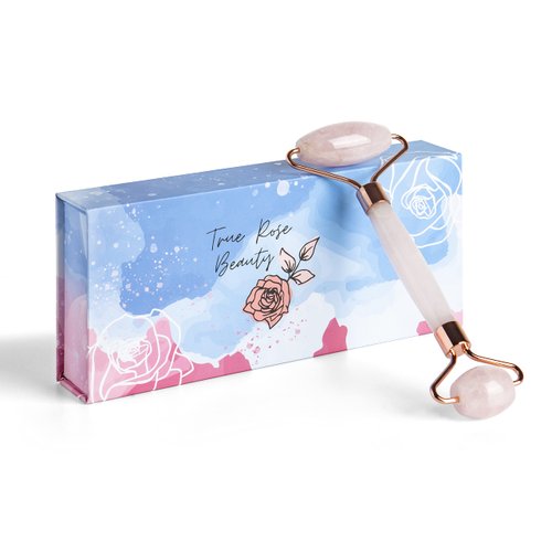 True Rose Beauty Rose Quartz Roller for Face - Facial Massage Tool for Natural Beauty Skin Care - Pink Face Roller Reduces Dark Eye Circles and Puffiness with 100% Authentic Quartz Crystal