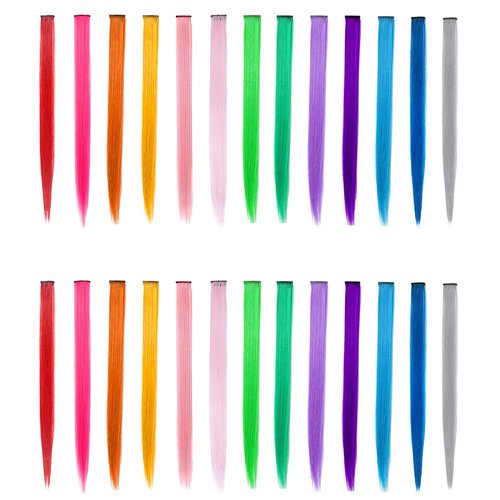 26 PCS Colored Hair Extensions, SOYZMYX Multi-Color Party Highlights Clip in Synthetic Hair Extensions, 22 inch Colorful Straight Hairpieces for Girls Women Kids Hairpieces in Halloween (13 Color)