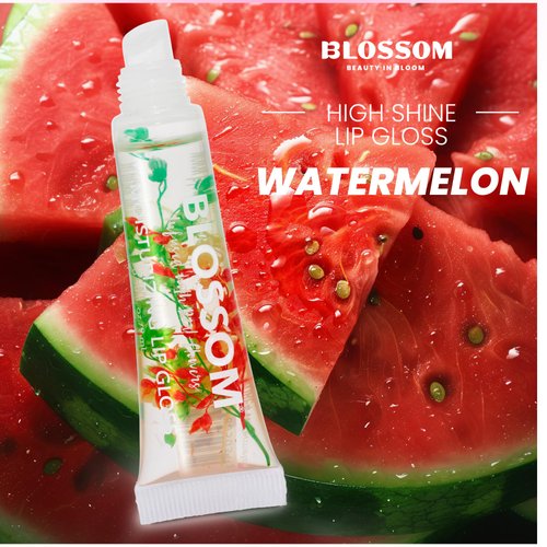 Blossom Flower Lip Gloss, High Shine Lip Gel, Scented, Thick Moisturizing Clear Lip Gloss Tubes with Nourishing Jojoba Seed Oil, Infused with Real Flowers, 0.3oz, Watermelon