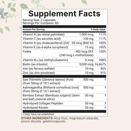 Hair Growth Vitamins Complex, 120 Capsules | 14-in-1 Formula with 5,000mcg Biotin, Collagen, Keratin, Vitamin C, Saw Palmetto & More | Vitaminas Para El Cabello | Promotes Natural Growth & Thickness