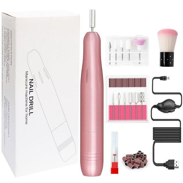 LiQiAMEi Electric Nail Drill, Professional Portable Nail Drill, 12 in 1 Acrylic Nail Drill Kit, USB Power Supply for Acrylic, Gel, Dip Powder, Manicure, Pedicure, Polishing Shape (Pink)