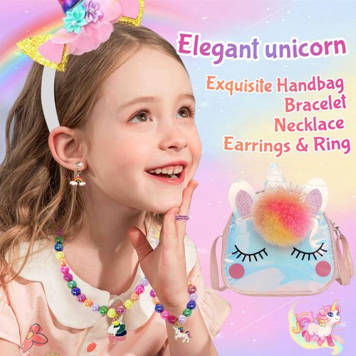 Unicorns Bag Toy Gifts for Girls Age 2-4, Toddler Girls Cute Unicorn Bag with Jewelry Set Gifts Sets , Baby Girls Unicorn Purse Cute Make Up Sets Birthday Christmas Gift for 2 3 4 5 6 Year Old Girls