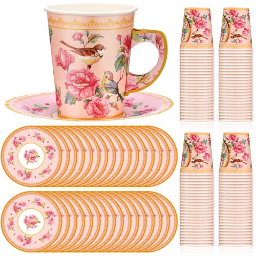 Rtteri 100 Pcs Tea Party Decorations Set Includes 50 Disposable 9 oz Bird Blossom Paper Tea Cups and 50 Plates, Floral Paper Tea Cups and Saucers for Hot Cold Drink Wedding Birthday Baby Bridal Shower