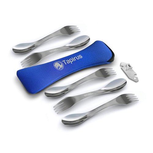 Tapirus 5 Spork Of Steel Utensils Set | Durable & Rust Proof Stainless Steel | Spoon, Fork & Knife Flatware | For Camping, Fishing, Hunting & Outdoor Activities | With Bottle Opener & Carrying Case
