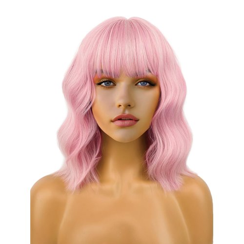 FREEMEIGE Short Bob Wigs 14" Pink Bob Wigs with Bangs for Women Wavy Shoulder Length Bob Wigs Synthetic Colorful Cosplay Daily Party Wig for Women