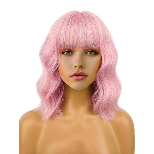 FREEMEIGE Short Bob Wigs 14" Pink Bob Wigs with Bangs for Women Wavy Shoulder Length Bob Wigs Synthetic Colorful Cosplay Daily Party Wig for Women