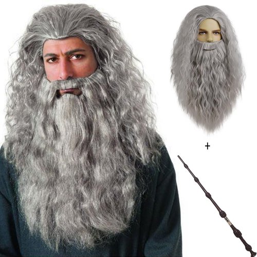 GNIMEGIL Gray Costume Wigs for Wizard Gandalf and Dumbledore Costume - Long Wavy Wig with Beard, Magic Wand - Cosplay Halloween Carnival Party Use