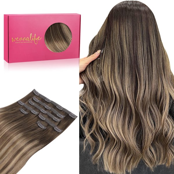 WENNALIFE Genius Seamless Clip in Hair Extensions Human Hair 7pcs Ultra Invisible 50% Thinner Seamless Hair Extensions Clip In Balayage Chocolate Brown to Honey Blonde Real Human Hair