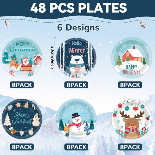 Justforjoyful 48Pcs Christmas Party Plates Winter Party Decoration 9Inch Disposable Snowman Tableware Xmas Reindeer Dinnerware Set for Merry Christmas Holiday Santa Claus Table Party Supplies