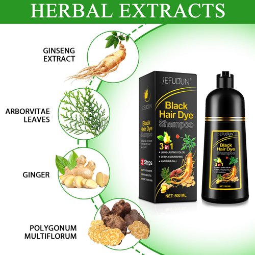 ALIVER Hair Dye Shampoo (Black) - 3-in-1 Natural Herbal Essence: Coloring, Nourishing, and Hair Growth Promoter - 500ml, Hypoallergenic and Harmless for Scalp Care