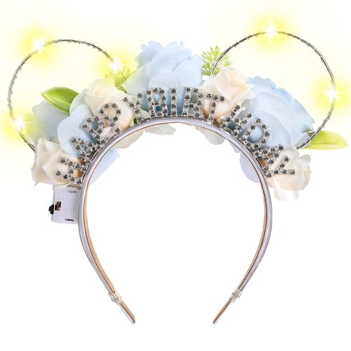 VISSTREE LED White and Blue Mouse Ear Flower Crown Headband Headpiece for Woman Girls Birthday Party