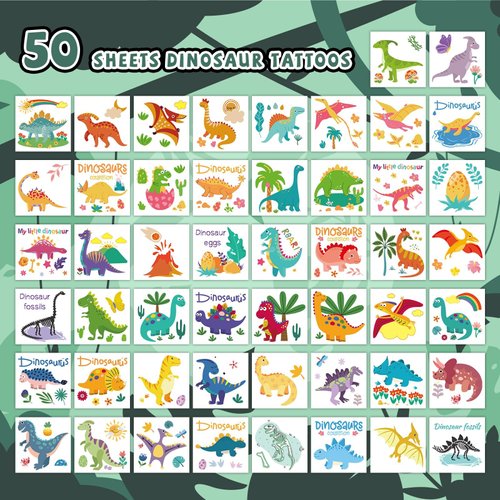 EMOME 50 Sheets Individually Wrapped Dinosaur Tattoos Temporary for Kids Boys, Tattoos for Dinosaur Birthday Party Supplies Favors Decorations, Kids Party Decorations for Dinosaur Games Activities