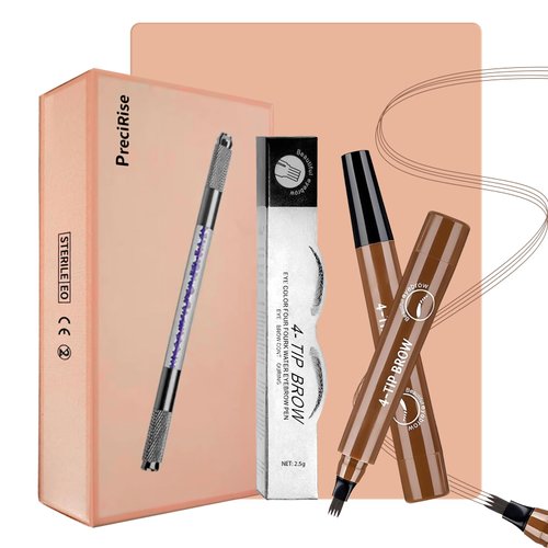 Eyebrow Pen, PreciRise Microblading Eyebrow Pencil with a 4 Micro-Fork Tip and One“8 x 6'' IN Double Sides Practice Skin for Natural Looking Hair-Like Defined Brows, Stays on All Day, Gray Brown