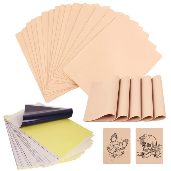 Tattoo Practice Skin with Transfer Paper - 40Pcs WZPB Tattoo Fake Skin and Tattoo Stencil Paper Kit Including 20Pcs Double-Sided Fake Skin and 20Pcs Tattoo Transfer Paper for Beginners and Artists