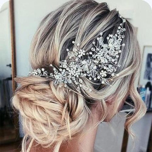 E EMZHOLE Bride Wedding Hair Comb Floral Vine Silver Rhinestone Headpiece for Women