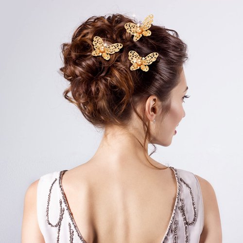12 Pieces Butterfly Hair Pin Butterfly Hair Clips Crystal Pearl Hair Clips Bridal Wedding Hair Pins Bride Headwear Hair Accessories for Women Girls (Novel Gold Style)