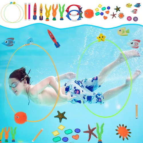 JAZGROM 29pcs Swimming Pool Diving Toy with Swim Thru Rings for Kids Ages 4-8 8-12 Including Dive Gems Diving Sticks Storage Bag Summer Water Pool Games