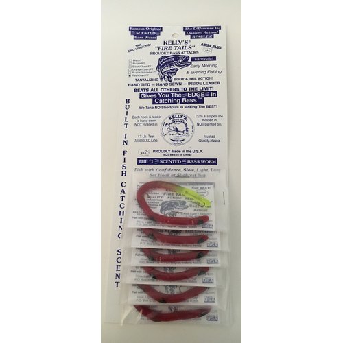 Kellys Worms Fire Tail Red Chartreuse Bass Worms 6 Pack Bundle Scented Bass Fishing Worms