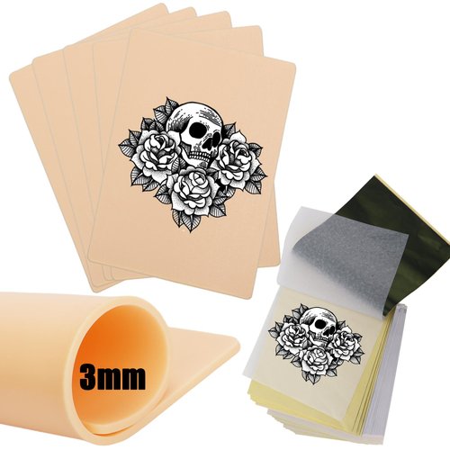 3MM Tattoo Skin Practice Kit - 5Pcs 8x12" Tattoo Fake Skin 10Pcs Tracing Paper Kit Includes Soft Silicone Thick Skin Double Sided and Tattoo Stencil Paper Tattoo Supplies Tattoo Kit